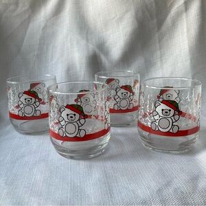 Vintage Libbey Teddy Bear Snowy Trees Christmas Holiday Tumbler Glasses (4)